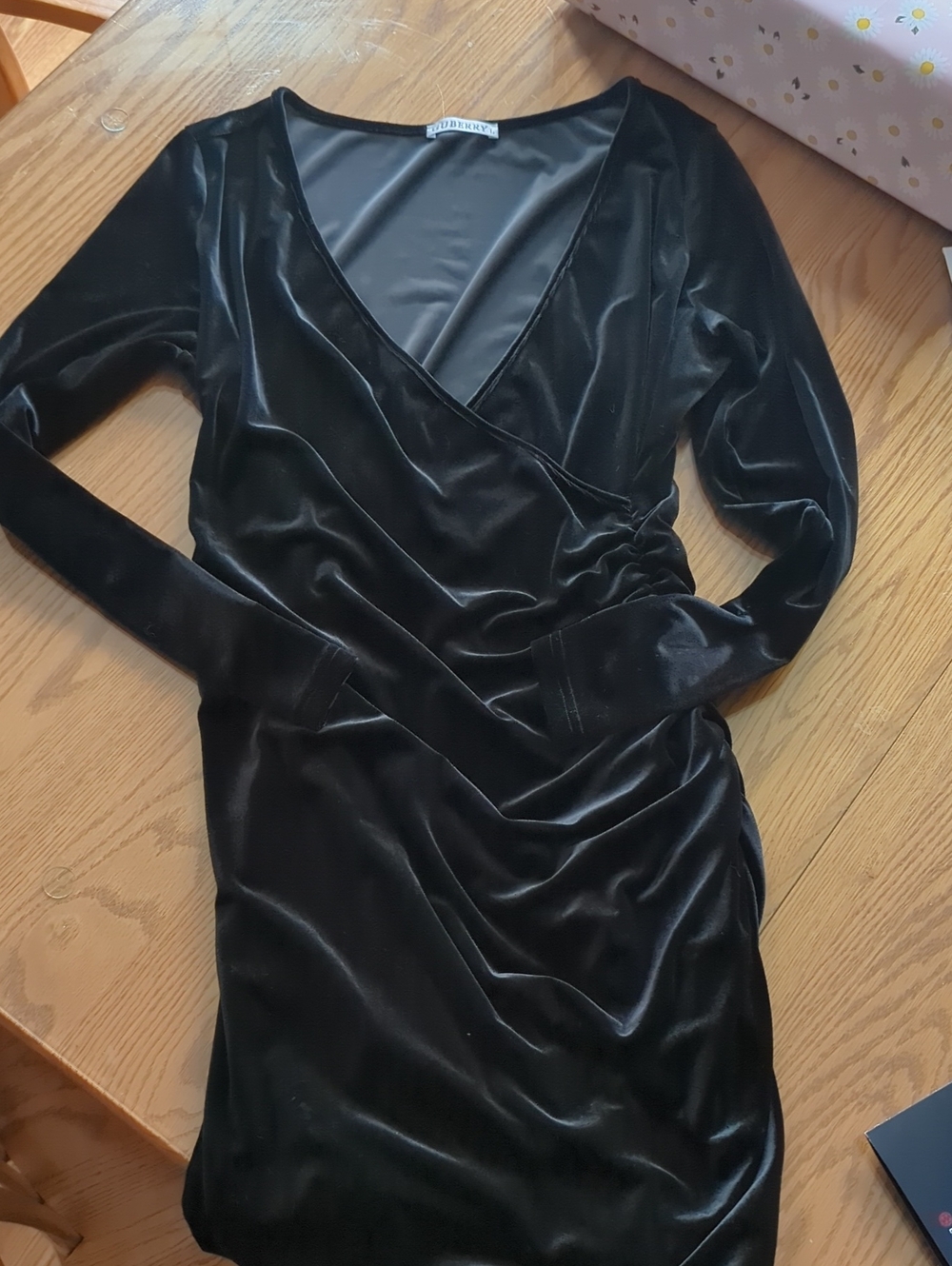 Black Velvet Wrap-Style Long Sleeve Dress